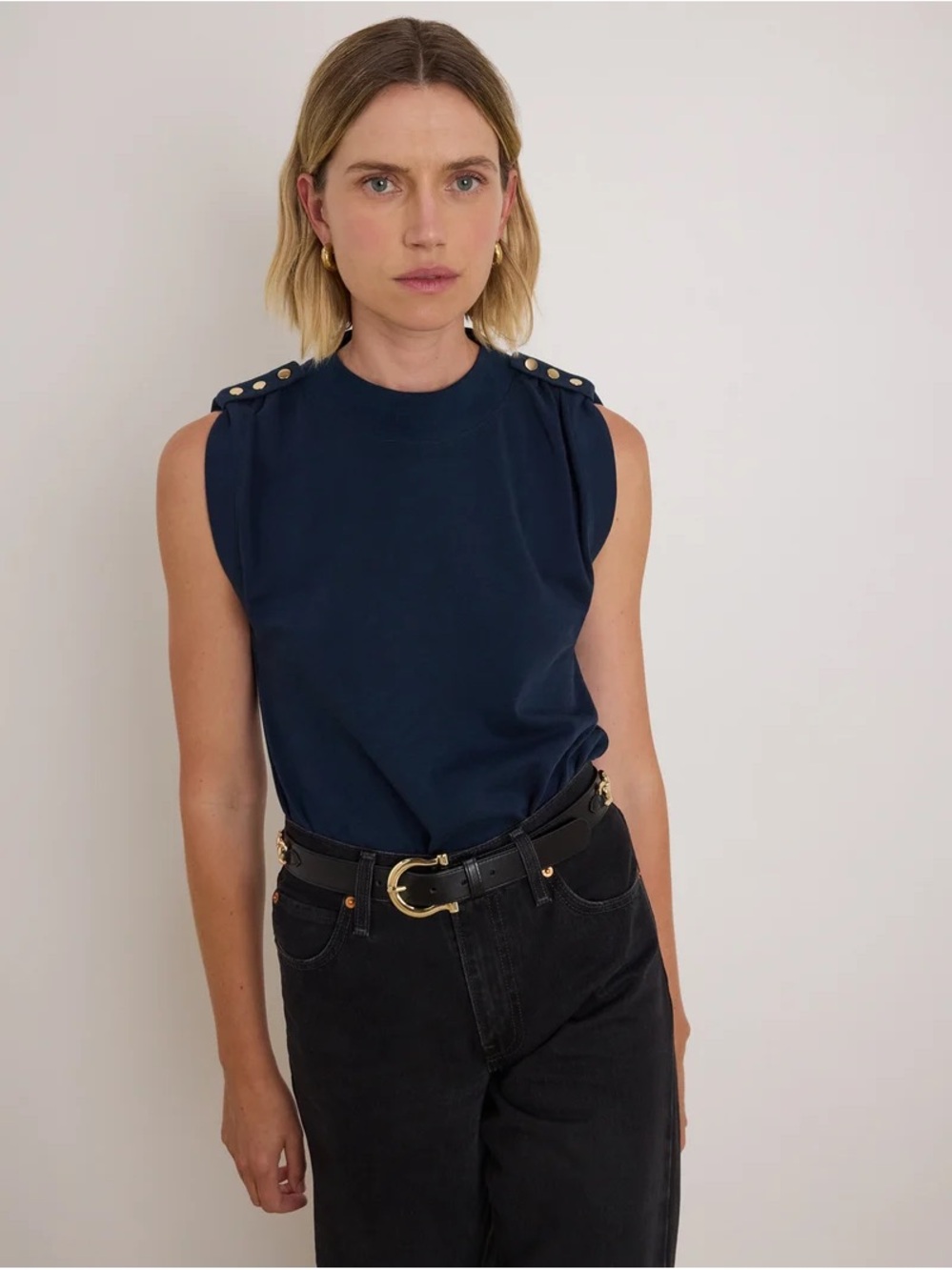 Nation LTD Navy Sleeveless Top with Gold Shoulder Buttons